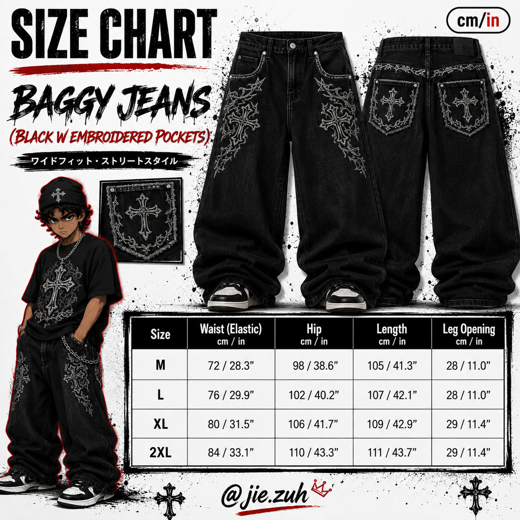 Baggy Jeans (Black w Embordered Pockets)